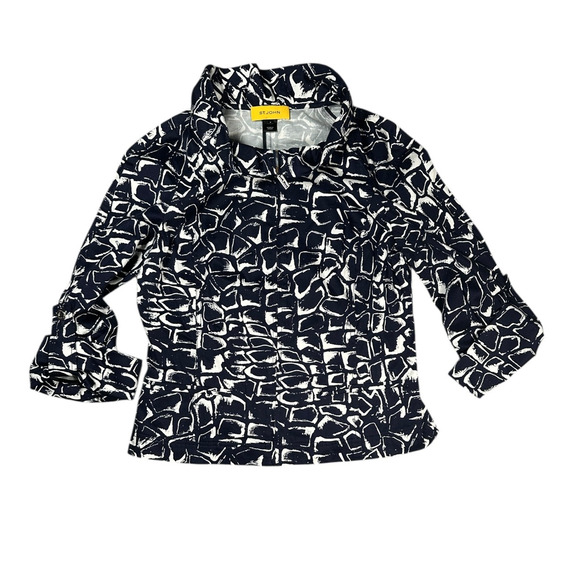 St. John Full Zip Jacket Size 8 Navy White Geometric Print Yellow Label Chic - Picture 1 of 7